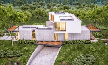 Akşam havuz ile tepede modern evin 3d render