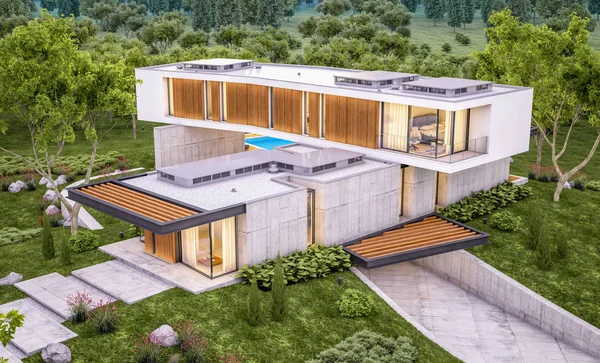 3D-Rendering des modernen Hauses auf dem Hügel mit Pool am Abend — Stockfoto