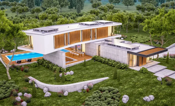 3D-Rendering des modernen Hauses auf dem Hügel mit Pool am Abend — Stockfoto