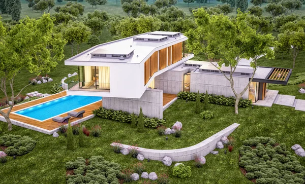 Renderowanie 3D nowoczesnego domu na wzgórzu z basenem w godzinach wieczornych — Zdjęcie stockowe