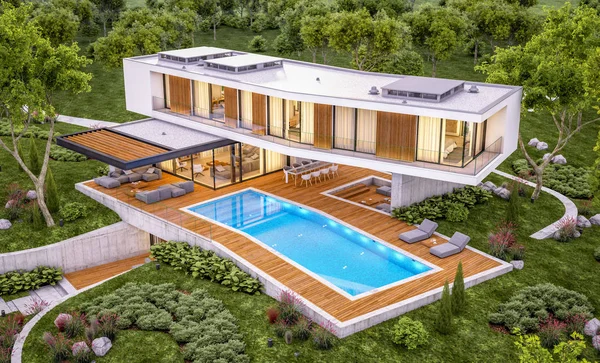 3D-Rendering des modernen Hauses auf dem Hügel mit Pool am Abend — Stockfoto