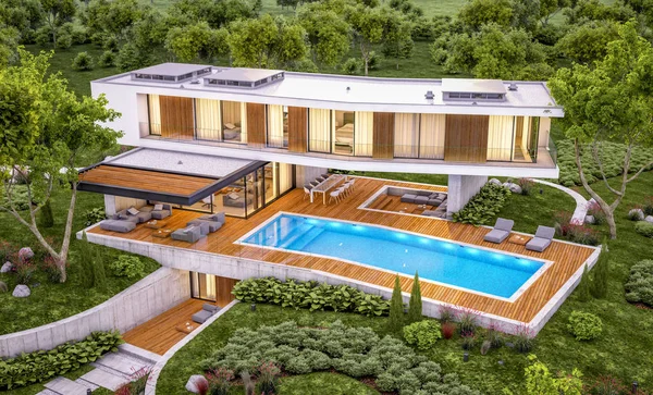 3D-Rendering des modernen Hauses auf dem Hügel mit Pool am Abend — Stockfoto