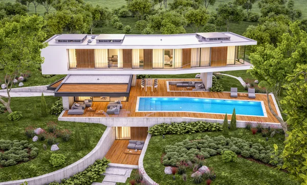 3D απόδοση του σύγχρονου σπιτιού στο λόφο με πισίνα το βράδυ — Φωτογραφία Αρχείου