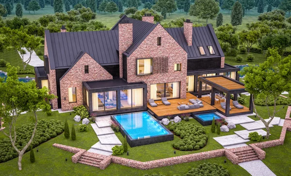 3d rendering of modern clinker house on the ponds with pool in e — Stock Photo, Image