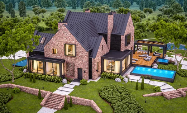 3d rendering of modern clinker house on the ponds with pool in e — Stock Photo, Image