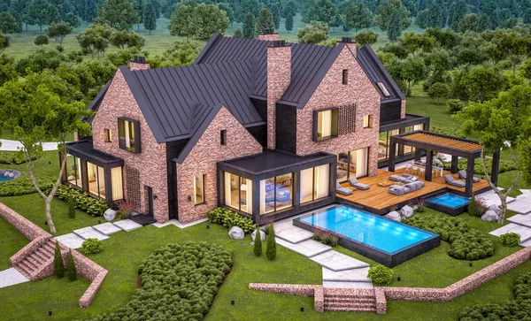 Rendering 3d della moderna clinker house sugli stagni con piscina in e — Foto Stock