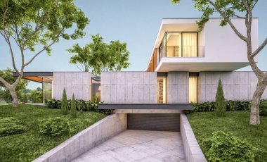 Akşam havuz ile tepede modern evin 3d render