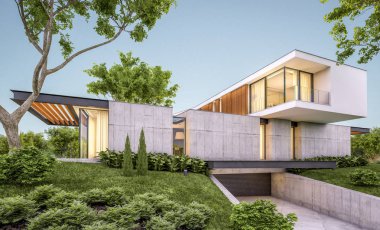 Akşam havuz ile tepede modern evin 3d render