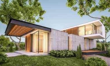 Akşam havuz ile tepede modern evin 3d render