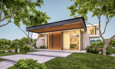 Akşam havuz ile tepede modern evin 3d render