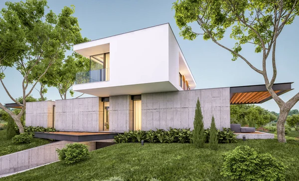 3d representación de casa moderna en la colina con piscina en la noche —  Fotos de Stock