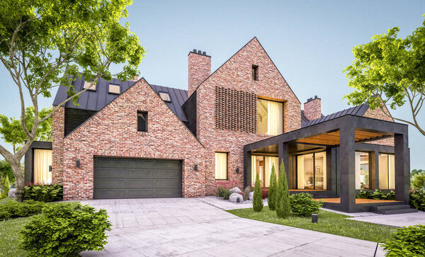 3D рендеринг современного клинкерного дома на прудах с бассейном в е
