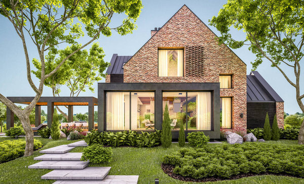 3D рендеринг современного клинкерного дома на прудах с бассейном в е
