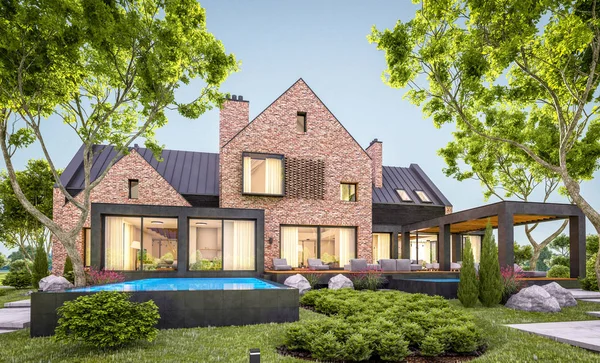 3D-Rendering des modernen Klinkerhauses auf den Teichen mit Pool in e — Stockfoto