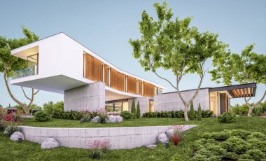 Akşam havuz ile tepede modern evin 3d render