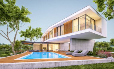 Akşam havuz ile tepede modern evin 3d render