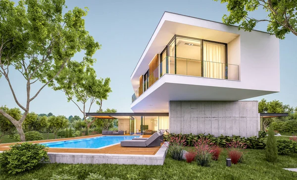 3d rendering of modern house on the hill with pool in evening