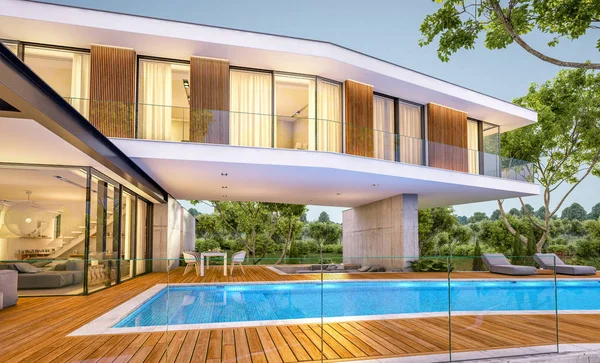 Renderowanie 3D nowoczesnego domu na wzgórzu z basenem w godzinach wieczornych — Zdjęcie stockowe