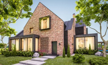 e havuzlu göletlerde modern klinker evin 3d render