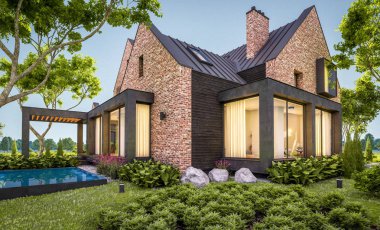 e havuzlu göletlerde modern klinker evin 3d render