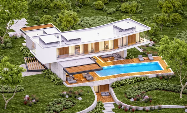 3D рендеринг современного дома на холме с бассейном в вечернее время — стоковое фото