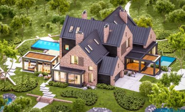 e havuzlu göletlerde modern klinker evin 3d render