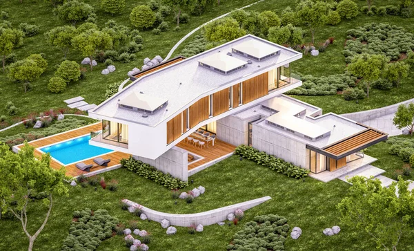 3D-Rendering des modernen Hauses auf dem Hügel mit Pool am Abend — Stockfoto