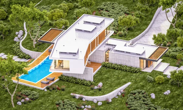 3d representación de casa moderna en la colina con piscina en la noche — Foto de Stock