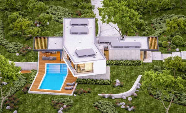 3D-rendering av moderna hus på kullen med pool på kvällen — Stockfoto