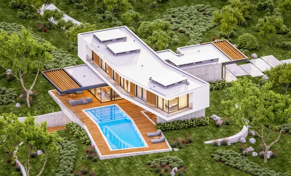 3D-rendering av moderna hus på kullen med pool på kvällen — Stockfoto