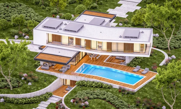 3d rendering of modern house on the hill with pool in evening — Stock Photo, Image