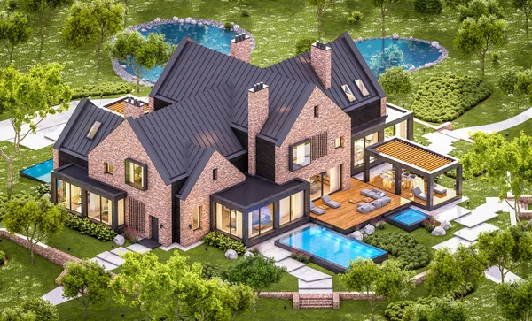 3d візуалізація сучасного клінкерного будинку на ставках з басейном в — стокове фото