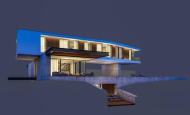 Gece isol havuz ile tepede modern evin 3d render