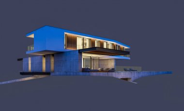 Gece isol havuz ile tepede modern evin 3d render