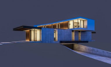 Gece isol havuz ile tepede modern evin 3d render