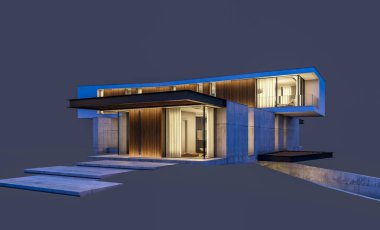 Gece isol havuz ile tepede modern evin 3d render