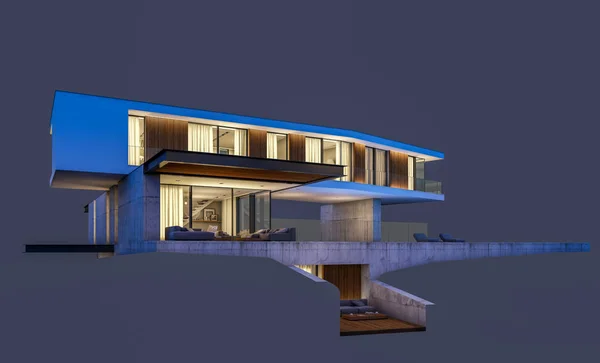 3D-rendering van modern huis op de heuvel met zwembad in de nacht isol — Stockfoto