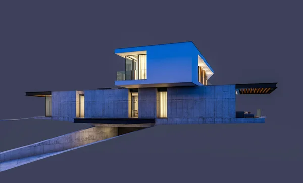 3d representación de casa moderna en la colina con piscina en la noche isol — Foto de Stock