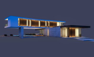 Gece isol havuz ile tepede modern evin 3d render