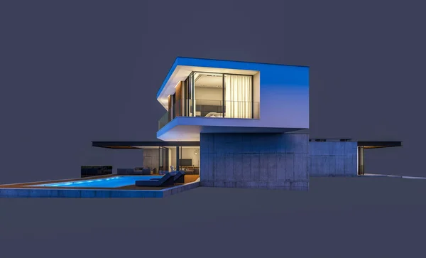 Renderowanie 3D nowoczesnego domu na wzgórzu z basenem w nocy Isol — Zdjęcie stockowe