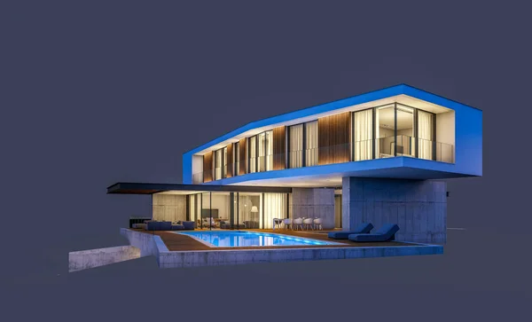 밤에 수영장이있는 언덕에 현대적인 집의 3D 렌더링 — 스톡 사진
