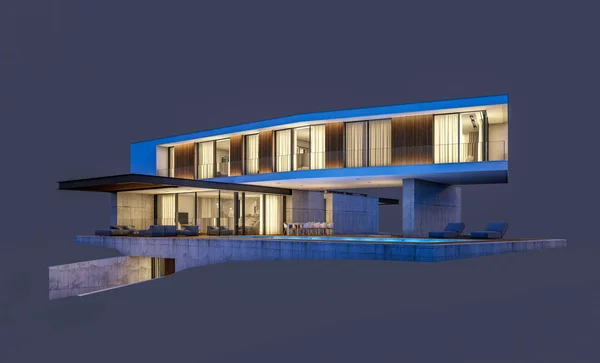 3d rendering of modern house on the hill with pool in night isol — Stock Photo, Image