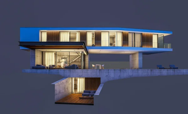 3d rendering of modern house on the hill with pool in night isol