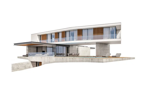 3D візуалізація сучасного будинку на пагорбі з басейном ізольовано на w — стокове фото