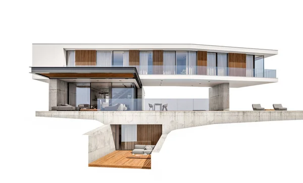 3d 现代房子的渲染在小山与游泳池隔绝在 w — 图库照片