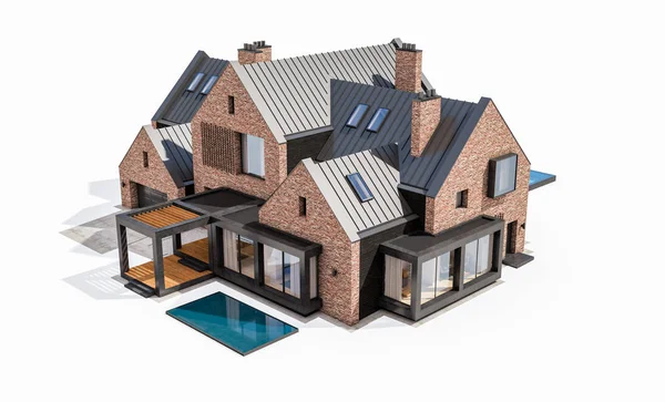 3D-rendering van moderne klinker huis op de vijvers met zwembad isol — Stockfoto