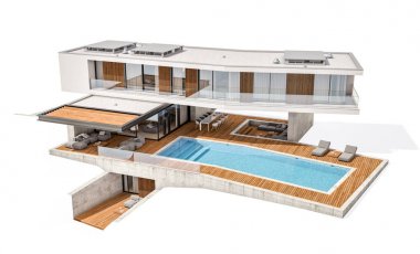 w üzerinde izole havuzu ile tepede modern evin 3D render