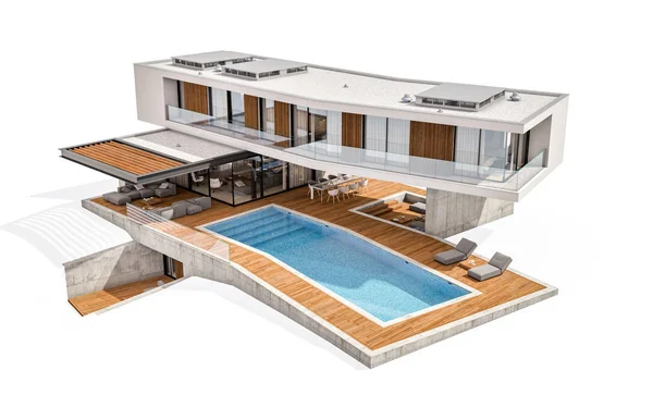 3D-rendering av moderna hus på kullen med pool isolerad på w — Stockfoto