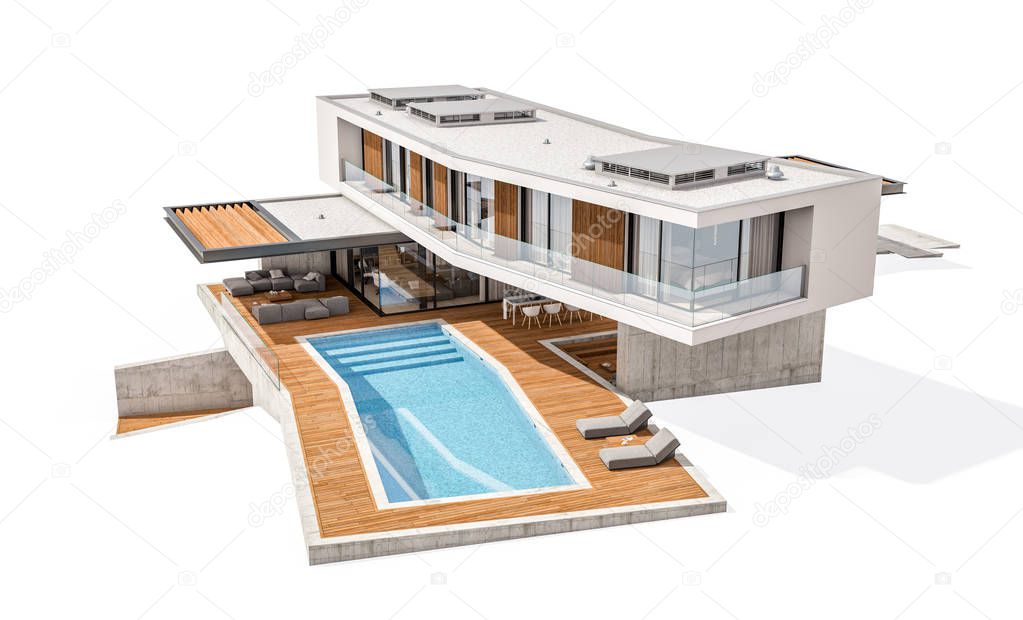 3d rendering of modern house on the hill with pool isolated on w