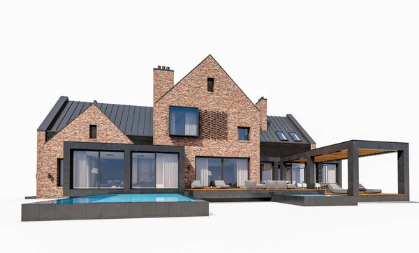Renderowanie 3D nowoczesnego domu klinkierowego na stawach z basenem Isol — Zdjęcie stockowe